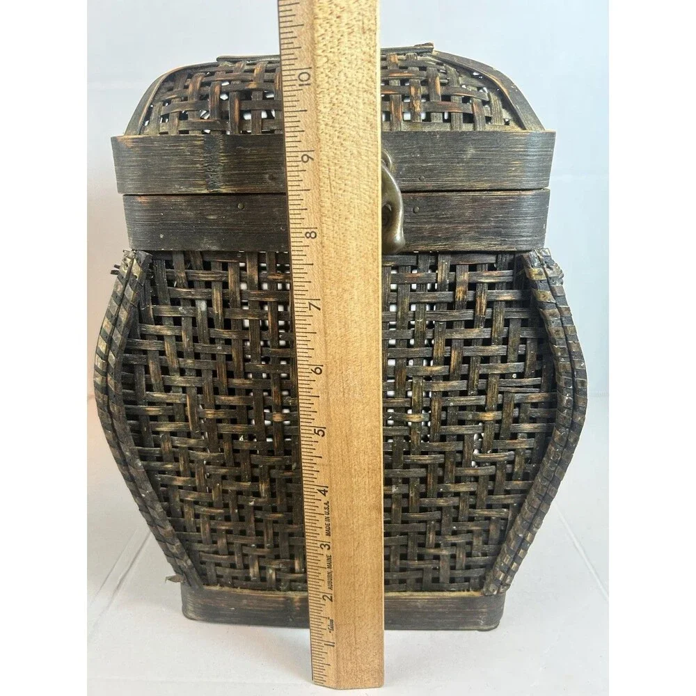 Vintage Woven Wood Basket Box Latch Lid Rustic Decor Storage 11” Tall